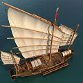 Wooden Ship With Large Sails And Flag Sailing On Blue Ocean