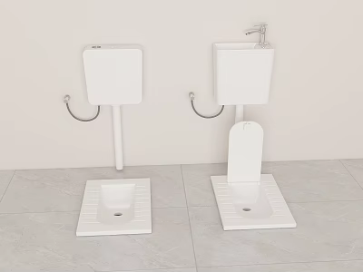 White Bathroom Suite With Toilet Squatting Pan Water Tank Light Walls And Tiled Floor 3d model
