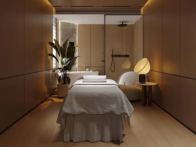 Elegant Beauty Treatment Room With White Sheet Bed Green Plant Round Lamp And Wooden Floor 3d model
