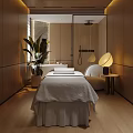 Elegant Beauty Treatment Room With White Sheet Bed Green Plant Round Lamp And Wooden Floor