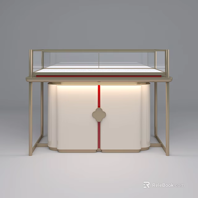 Specialty Store Display Counter With Golden Frame White Cabinet And Red Decorative Strip 3d model 