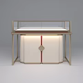 Specialty Store Display Counter With Golden Frame White Cabinet And Red Decorative Strip