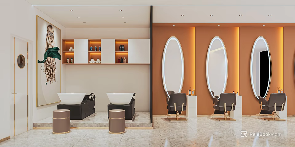 Modern Hair Salon Interior With Oval Mirrors Styling Chairs Storage Cabinets And Green Plants 3d model 