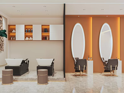 Modern Hair Salon Interior With Oval Mirrors Styling Chairs Storage Cabinets And Green Plants 3d model