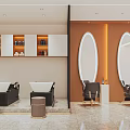 Modern Hair Salon Interior With Oval Mirrors Styling Chairs Storage Cabinets And Green Plants
