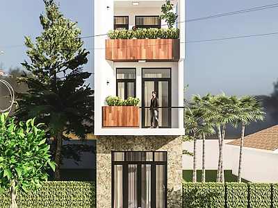Three Story Detached Villa With Stone Base Glass Doors And Plant Filled Balconies 3d model