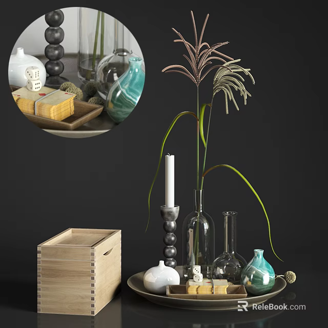 Decorative Ornament Combination Featuring Glass Vases Wooden Storage Box Candle And Green Plant 3d model 