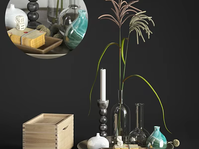 Decorative Ornament Combination Featuring Glass Vases Wooden Storage Box Candle And Green Plant 3d model