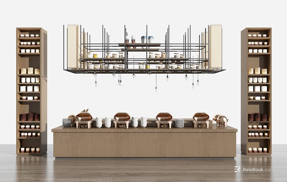 Modern Display Shelves In Retail Area With Long Counter Cups Small Items And Hanging Racks 3d model 
