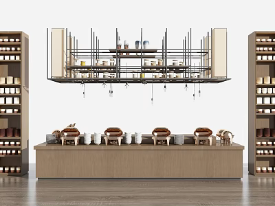 Modern Display Shelves In Retail Area With Long Counter Cups Small Items And Hanging Racks 3d model
