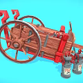 Vintage Wooden Utility Cart With Red Accents POP Cans And Shovel Tools