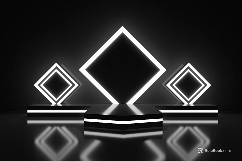 Display Shelves With White Glowing Diamond Borders And Black Platforms In Black Background With Reflections 3d model 