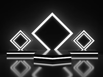Display Shelves With White Glowing Diamond Borders And Black Platforms In Black Background With Reflections 3d model