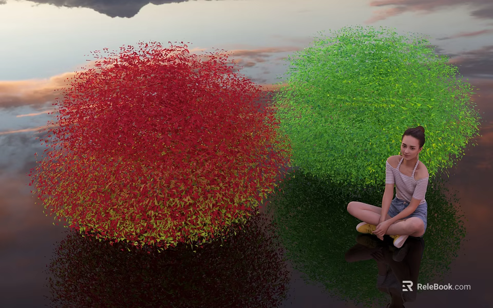 Red and Green Rounded Bushes with Girl Sitting Nearby Water Reflection Mountain Sky Backdrop 3d model 
