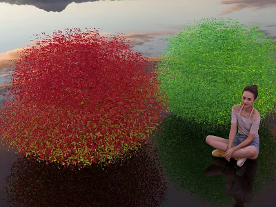 Red and Green Rounded Bushes with Girl Sitting Nearby Water Reflection Mountain Sky Backdrop 3d model