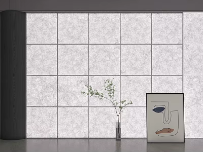 Gray Tile Square Pattern Background Wall With Black Column Clear Vase And Green Plant 3d model