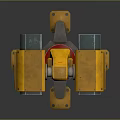 Yellow Mechanical Device With Symmetrical Square Sections And Circular Holes On Base