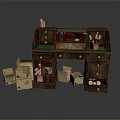 Game Movie Character's Vintage Wooden Desk With Books Cartons And Scrolls On Shelf