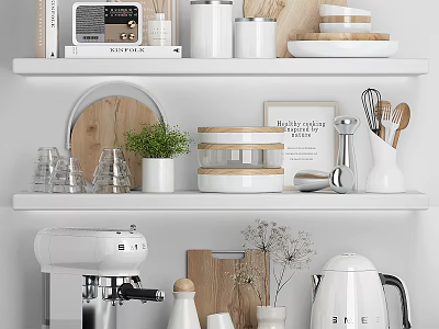 Organized Kitchen Shelf With White Cans Wooden Tray Glassware Green Plant And Appliances 3d model
