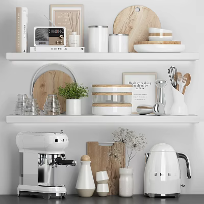 Organized Kitchen Shelf With White Cans Wooden Tray Glassware Green Plant And Appliances 3d model
