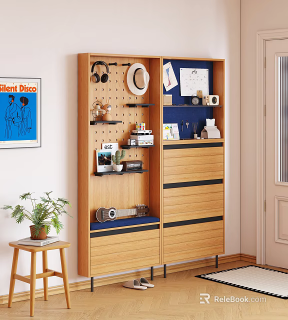 Stylish Wooden Shoe Cabinet With Drawers Shelves Hats Headphones Photos And Potted Plant 3d model 
