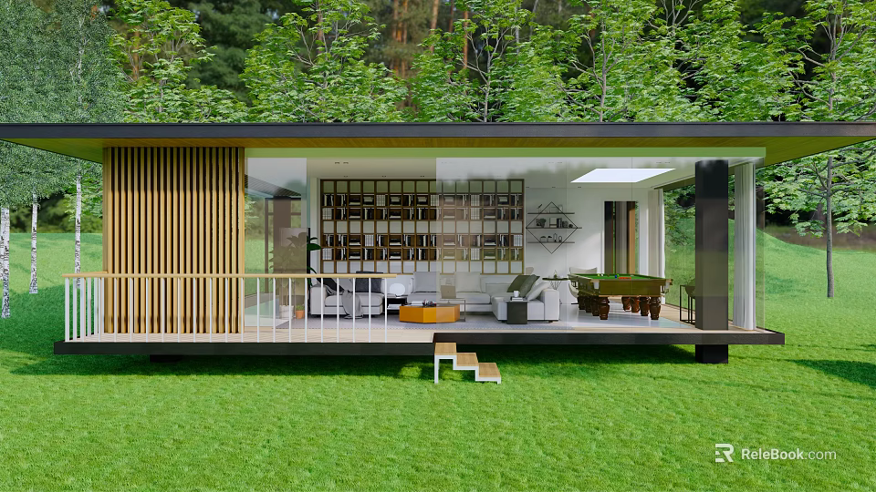 Modern Contemporary House With Wooden Terrace Open Interior Green Lawn Trees Bookshelves And Pool Table 3d model 