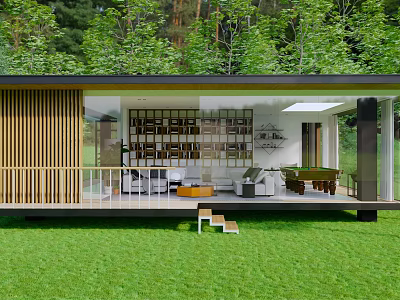 Modern Contemporary House With Wooden Terrace Open Interior Green Lawn Trees Bookshelves And Pool Table 3d model