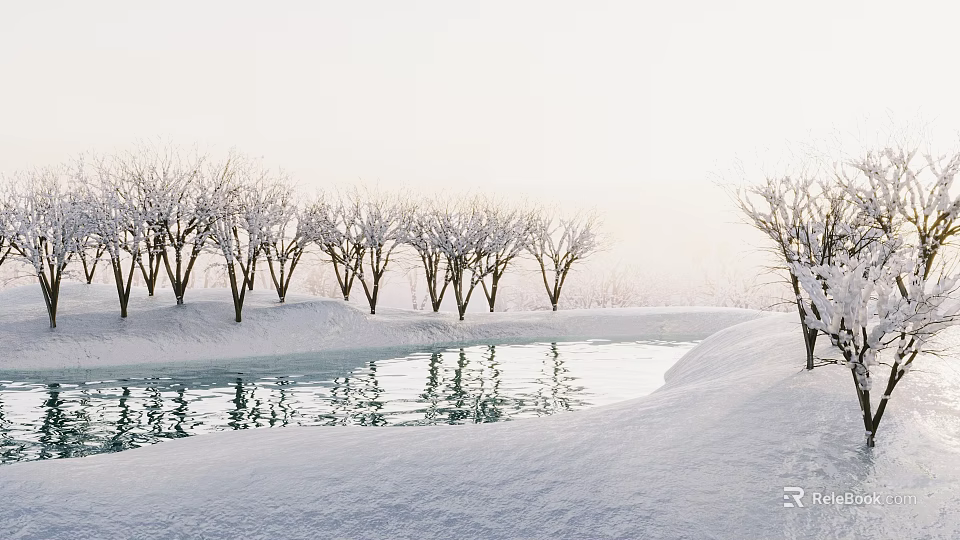 Tranquil Winter Scenic Landscape With Snow Covered Trees Calm Water And Snowy Ground 3d model 