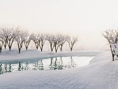 Tranquil Winter Scenic Landscape With Snow Covered Trees Calm Water And Snowy Ground 3d model