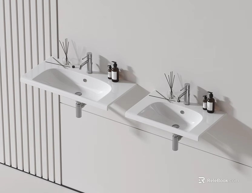 Two White Wall Mounted Bathroom Sinks With Soap Bottles And Diffusers On Minimalist White Wall 3d model 