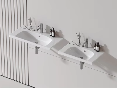 Two White Wall Mounted Bathroom Sinks With Soap Bottles And Diffusers On Minimalist White Wall 3d model