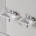 Two White Wall Mounted Bathroom Sinks With Soap Bottles And Diffusers On Minimalist White Wall