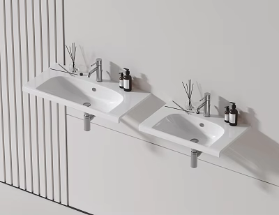 Two White Wall Mounted Bathroom Sinks With Soap Bottles And Diffusers On Minimalist White Wall 3d model
