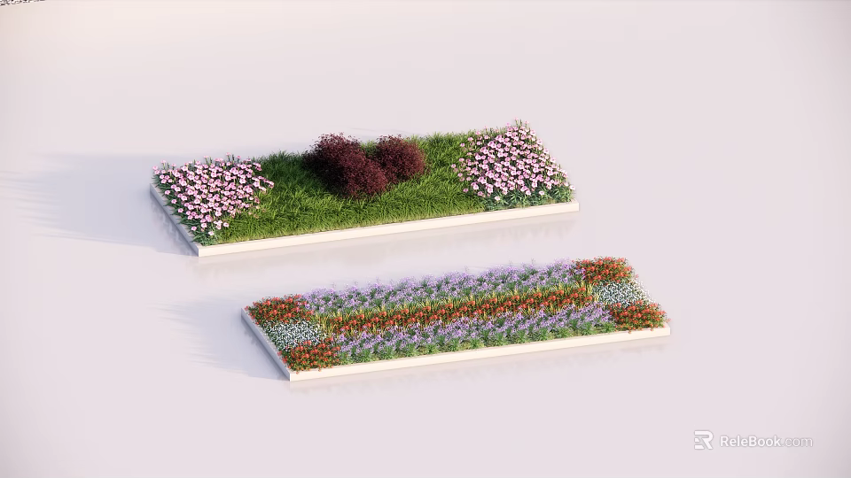 Dual Flower Bed Planters With Green Grass Pink Purple Orange Flowers 3d model 