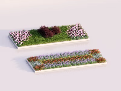 Dual Flower Bed Planters With Green Grass Pink Purple Orange Flowers 3d model