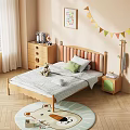 Cozy Kids Bedroom Wooden Bed Upholstered Headboard Green Pillow Cartoon Rug Alphabet Art Colorful Bunting