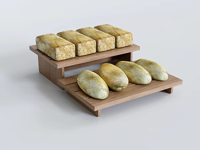Fresh Bread Loaves Arranged On Multi Tiered Wooden Display Stand 3d model