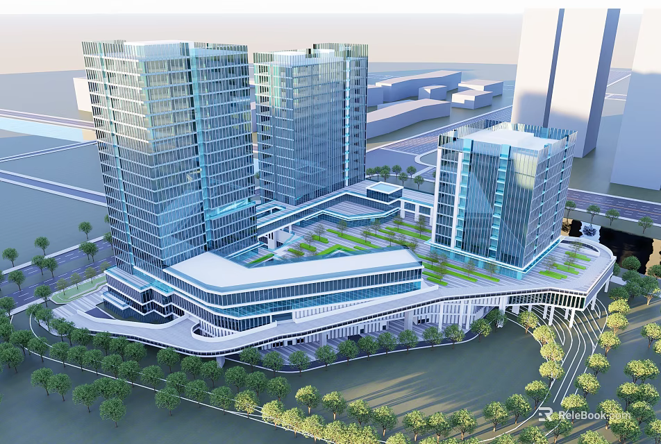Modern Office Complex With Glass Curtain Walls Green Roof And Landscaped Surroundings 3d model 