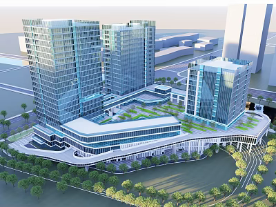 Modern Office Complex With Glass Curtain Walls Green Roof And Landscaped Surroundings 3d model