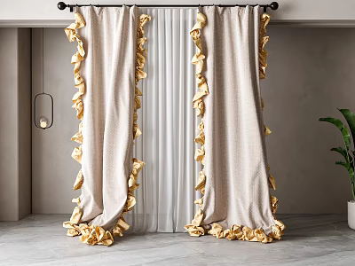 Beige Curtains With Gold Ruffled Edges And Soft Texture For Elegant Home Decor 3d model
