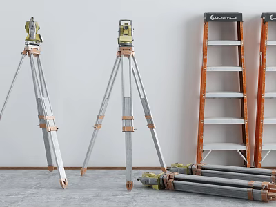 Industrial Equipment Including Tripods Laser Levels Orange Ladders And Metal Pipes 3d model