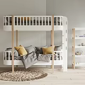Modern White Wooden Bunk Bed With Yellow Gray Pillows Blanket Side Shelf And Woven Rug