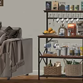 Stylish Living Room Shelving Unit With Food Boxes Hanging Mugs Lemons Coffee Machine And Baskets