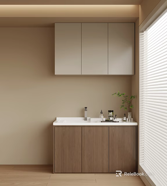 Balcony Cabinet With Upper Cabinets White Countertop Wooden Finish And Small Plant By Window Blinds 3d model 