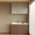 Balcony Cabinet With Upper Cabinets White Countertop Wooden Finish And Small Plant By Window Blinds