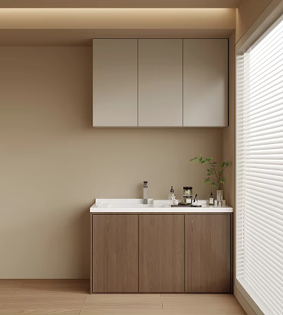 Balcony Cabinet With Upper Cabinets White Countertop Wooden Finish And Small Plant By Window Blinds 3d model