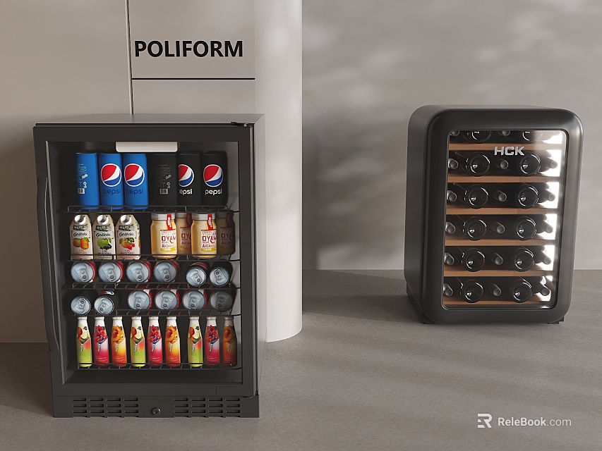 Poliform Compact Refrigerator With Beverages And Wine Cooler On Modern Kitchen Countertop 3d model 