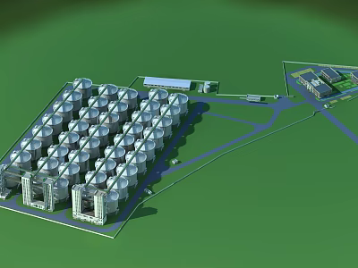 Industrial Plant Layout Featuring Circular Storage Tanks And Buildings On Green Ground 3d model