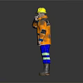 Man Wearing Yellow Hard Hat Orange Jacket Blue Pants With Green Reflective Stripes Rain Boots