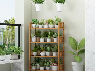 Indoor Garden Decor Featuring Wooden Multi Tiered Shelf With Potted Plants And Hanging White Planters 3d model